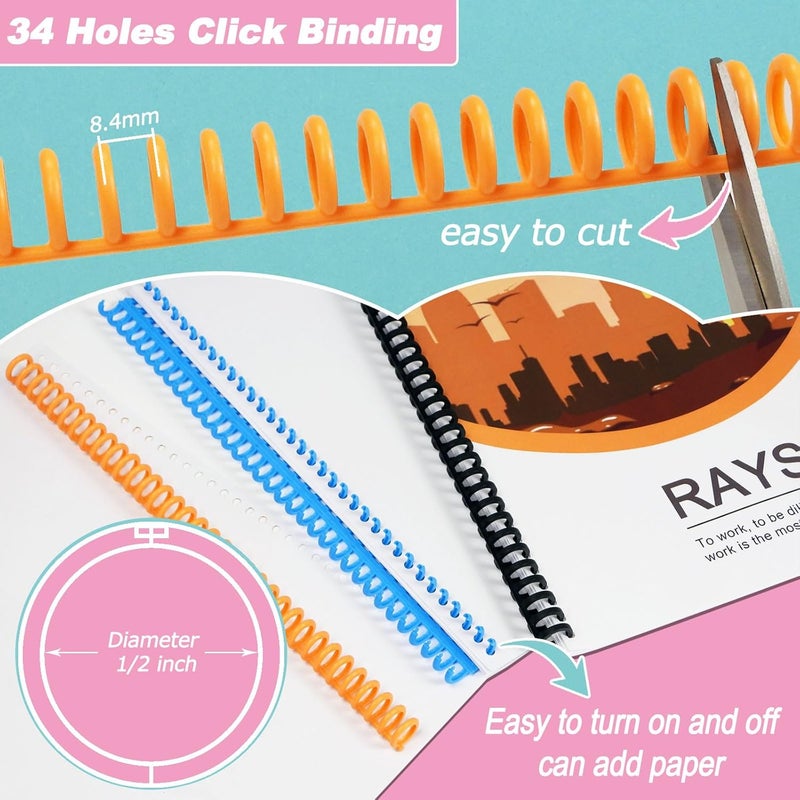 RAYSON Click Binding Spines, 34-Hole Click Binding Ring for A4 and U.S. Letter Size Paper, Multi-Color, 1/2" Diameter, 3:1 Pitch, Binds Up to 90 Sheets, 30 Pack - Image 3